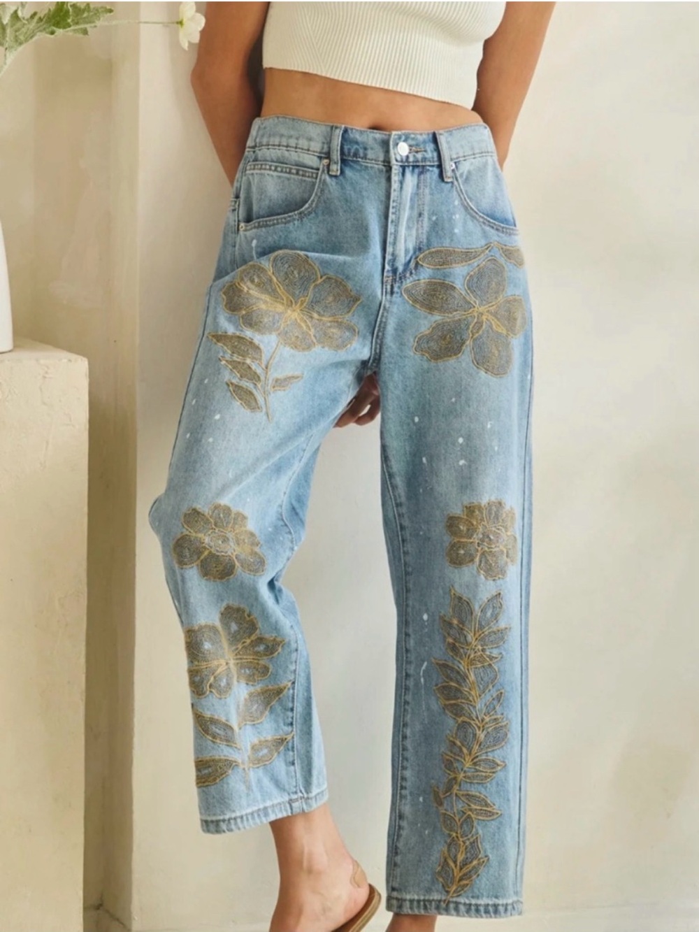 Oli & Hali Floral Embroidered Speckled straight leg pants